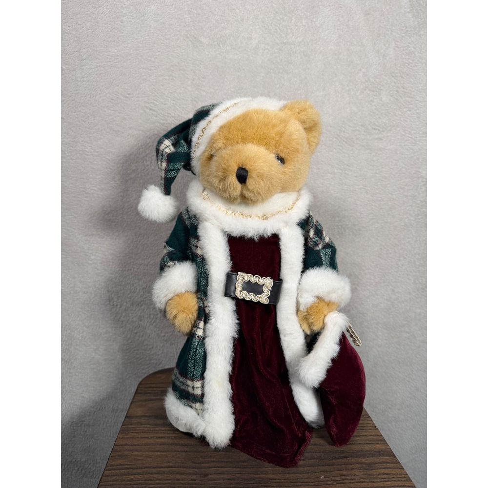 Vintage Christmas Teddy Bear Tree Topper Green Plaid Coat Faux Fur Trim 15in